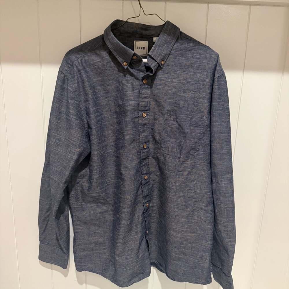 ROWM Men's Long Sleeve Button-Up Shirt Blue Leaf Print Size L
